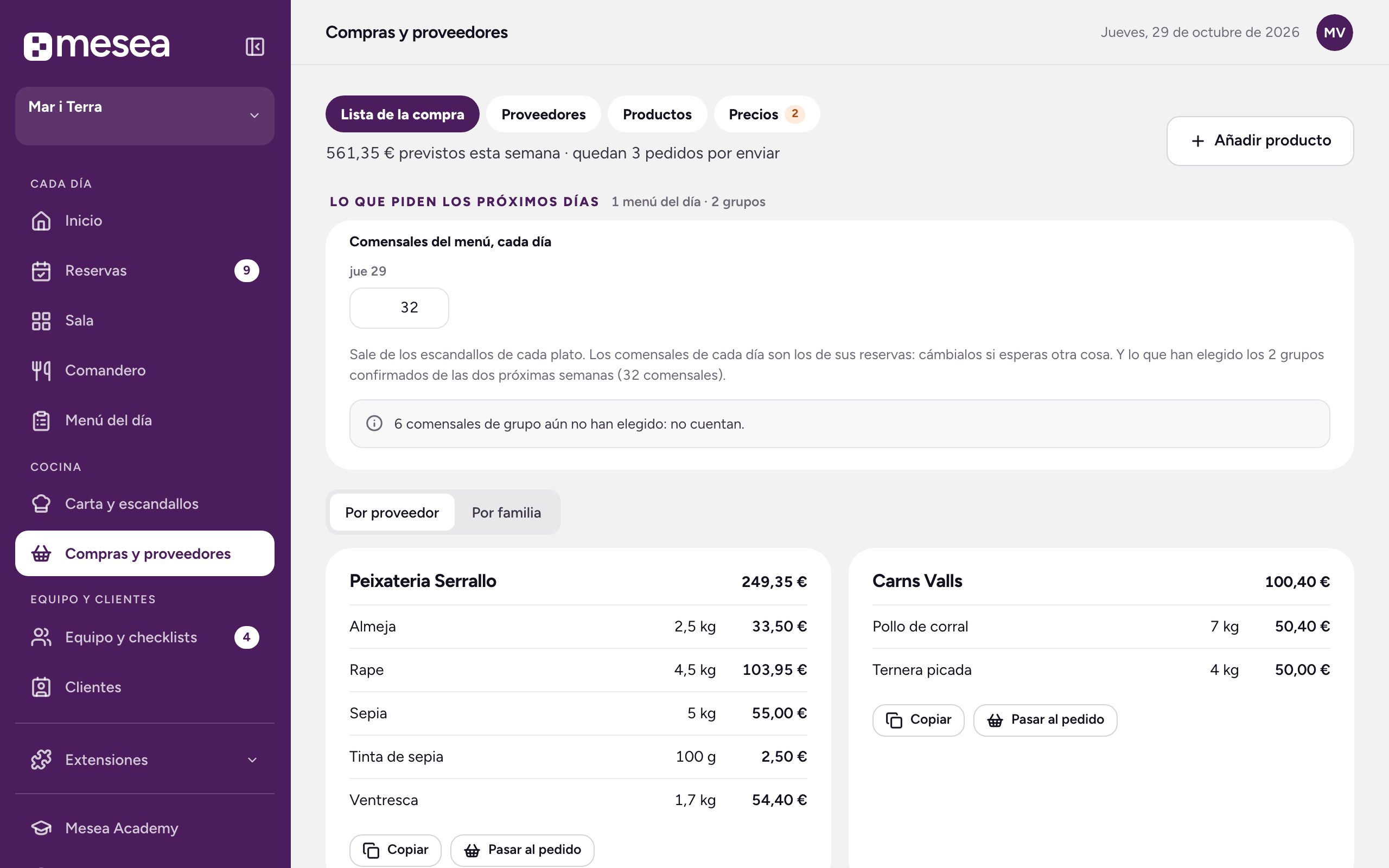 Compras de Mesea en un restaurante de ejemplo: lo que piden los próximos días, por proveedor.