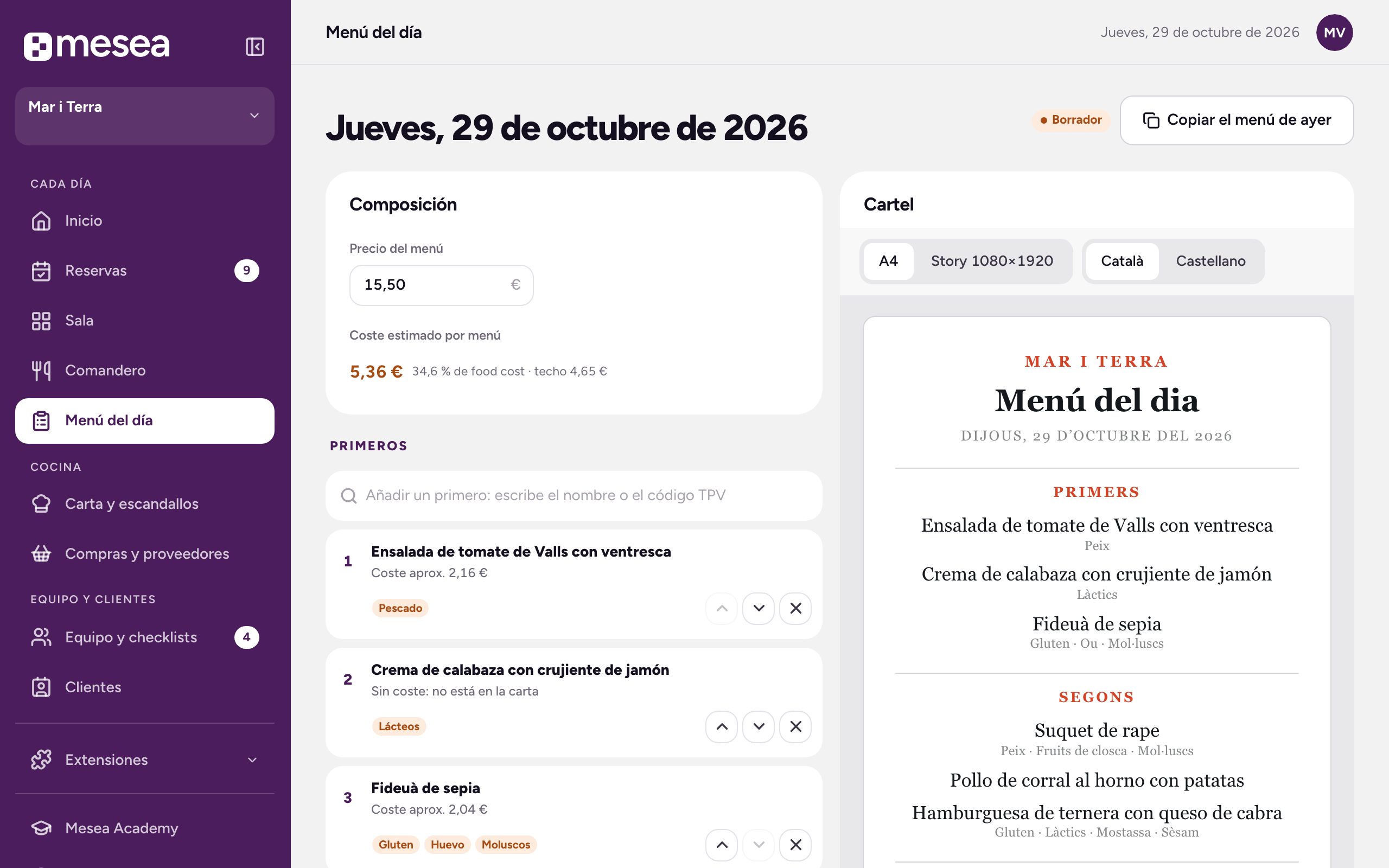 El Menú del día de Mesea en un restaurante de ejemplo: los platos de hoy con sus alérgenos.